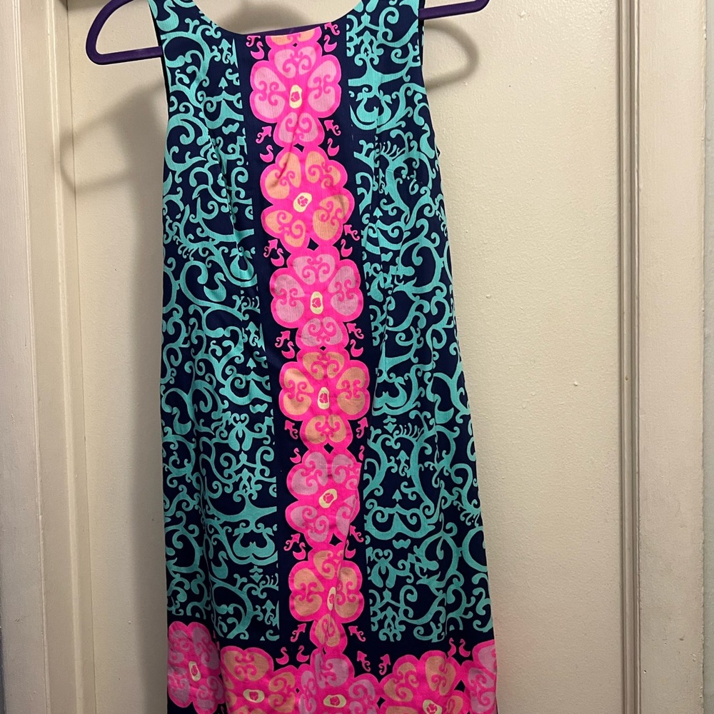 Vibrant Sleeveless Dress with Pink and Blue Patterns